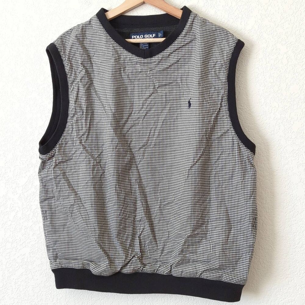Vintage 90s Polo Golf Ralph Lauren Houndstooth Black White Vest Jacket Large EUC